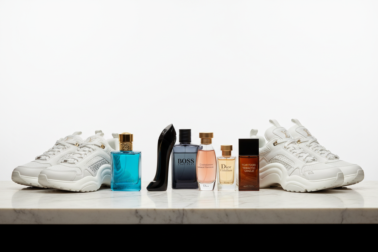 make me a picture of a bundle of fragrances like Versace eros, carolina herrera good girl, hugo boss bottled night, dior jadore, tom ford tobacco vanille, and dior b30 shoes and dior b22 shoes and lv trainers